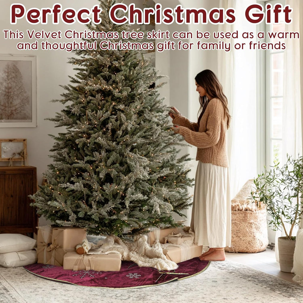 Burgundy Velvet Tree Skirt 60 Inch, Gold Snowflake Rhinestone