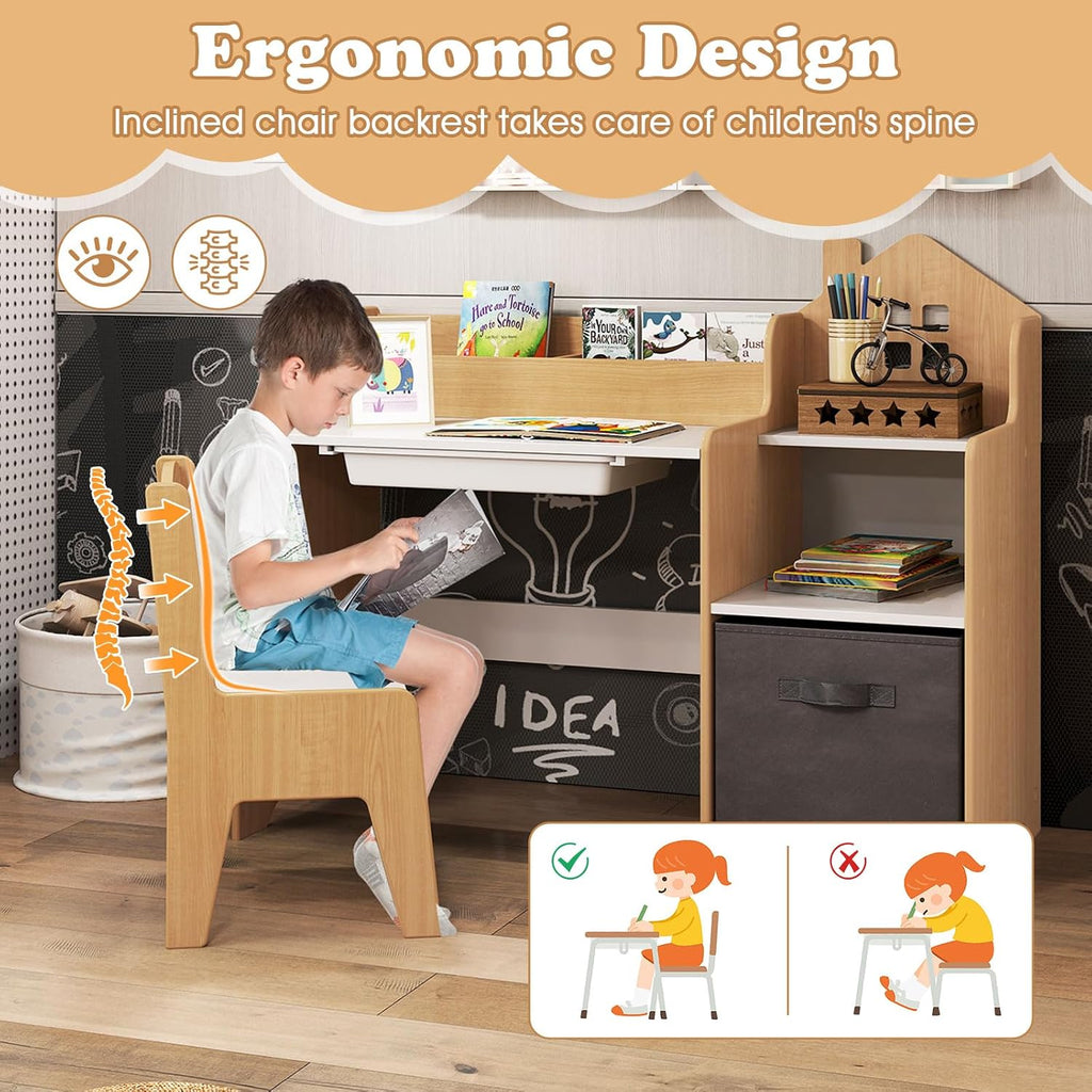 Kids Desk and Chair Set, Wooden Children School Study Table and Chair w/2 Drawers, Hutch, Storage Shelves, Student