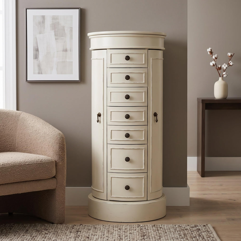 Bailey Oval Standing Jewelry Armoire Cabinet, Jewelry Storage Organizer with Mirror Lid, Side Doors, 7 Drawers