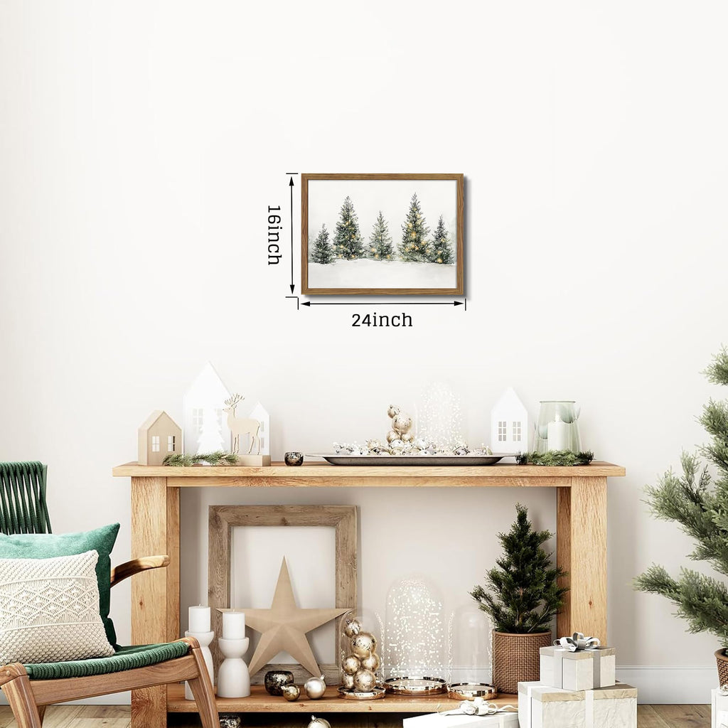 Vintage Christmas Pine Tree Wall Art, Nature Snowy Forest Canvas Wall Decor Painting, Neutral Farmhouse Christmas