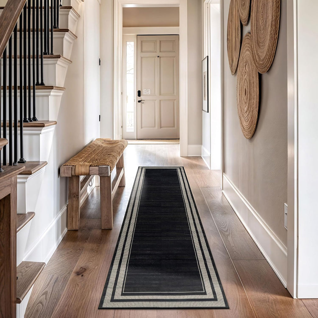 Striped Border Machine Washable Non-Slip Runner Rug, Black