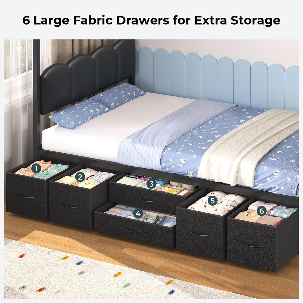 Twin Kids Bed with Desk,Metal House Bed with Headboard,Black | Unique House Roof Frame ,Space-Saving All-In-One Kids