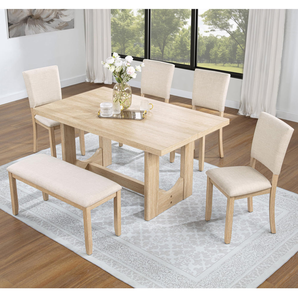 6 Piece Dining Table Set with Bench, Wooden Rectangular Kitchen Table Set with Bench and 4 Upholstered Chairs