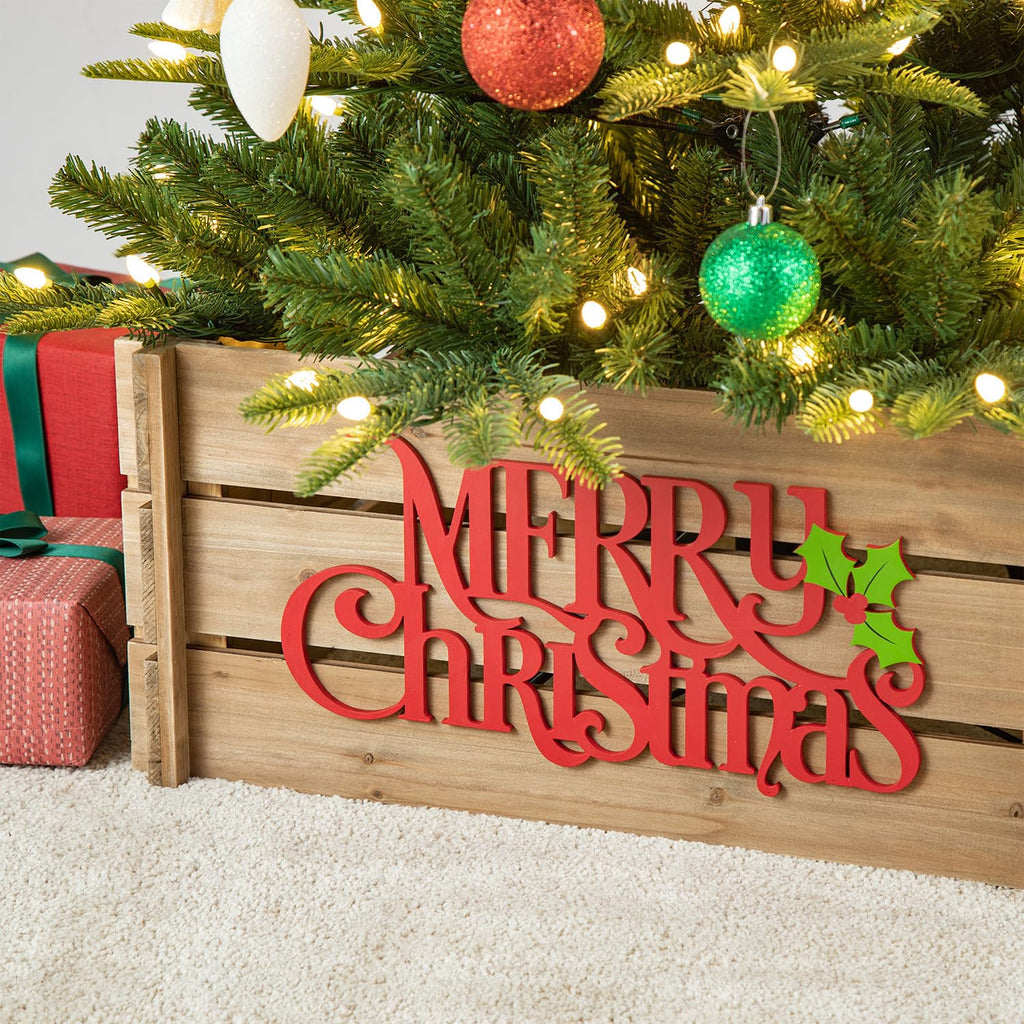 24" L Wooden Tree Collar, Christmas Tree Base Cover, Farmhouse Merry Christmas Crate Collar Decorative Christmas Tree