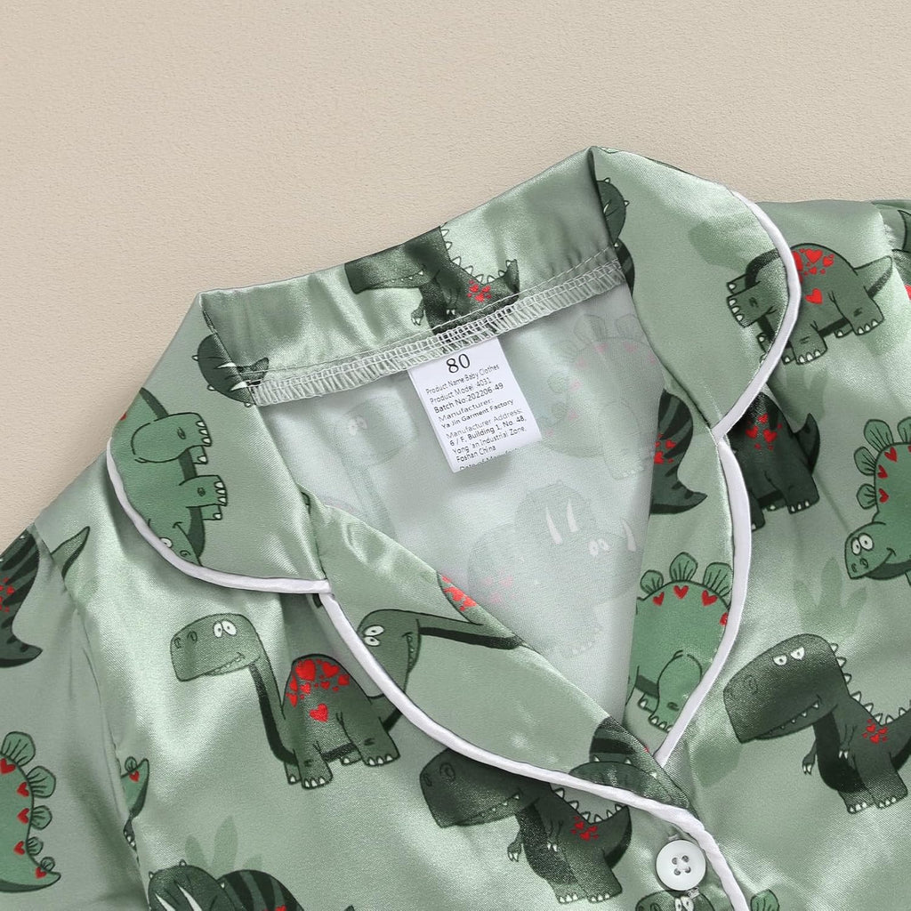 Kids Summer Satin Pajamas Sets Toddler Boys Dinosaur Pjs Short Sleeve Silk Nightwear Two Piece Sleepwear Loungewear