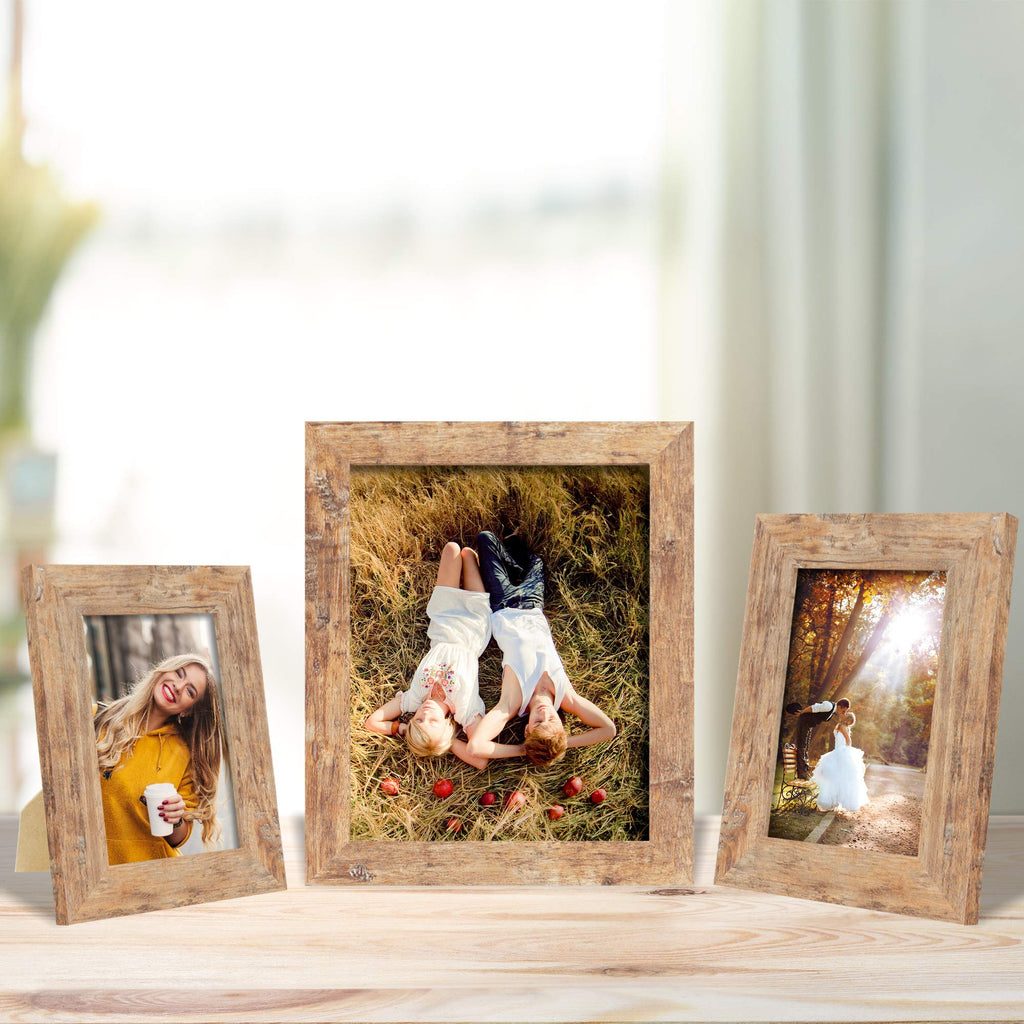 8x10 Picture Frame Set of 4, High Definition Real Glass Rustic Brown Frame, 8 x 10 Wood Photo Frames for Desktop