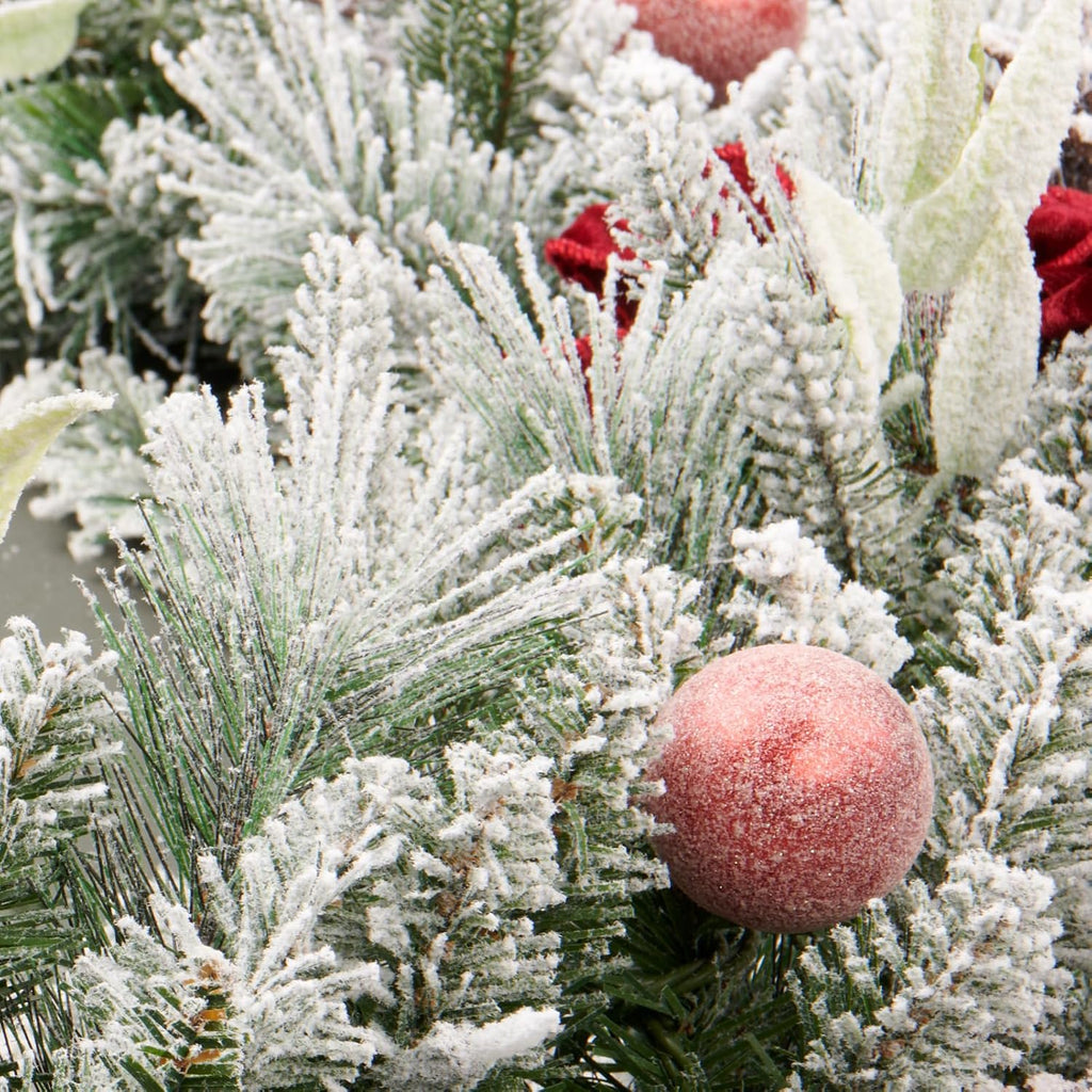 9FT Pre-lit Flocked Snow Christmas Garland, Berries and Bows and 50 Lights, Plug , Holiday Decoration Fireplace