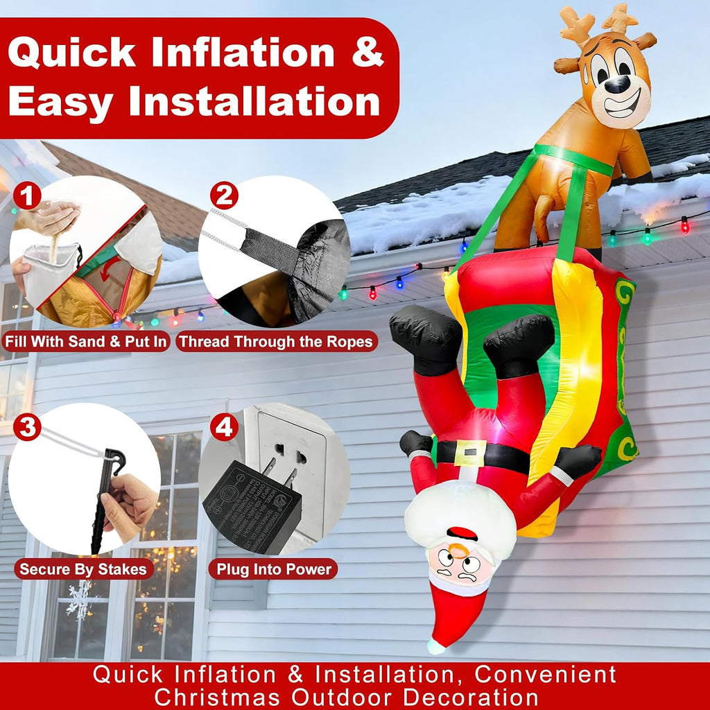 8.5 Ft Hanging Christmas Inflatable Outdoor Decoration, Blow Up Reindeer Pulling Santa Claus on Sleigh Built-in LED