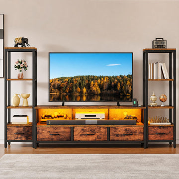 Industrial LED TV Stand for 65 Inch TVs, Bookshelves, Rustic Brown