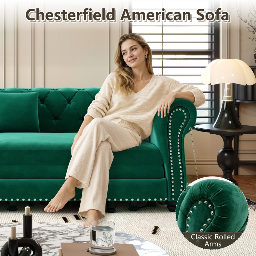 89" King Size Sleeper Sofa Bed, 3-in-1 Convertible Pull Out Chesterfield Sleeper Couch with Ottoman, Oversized Velvet