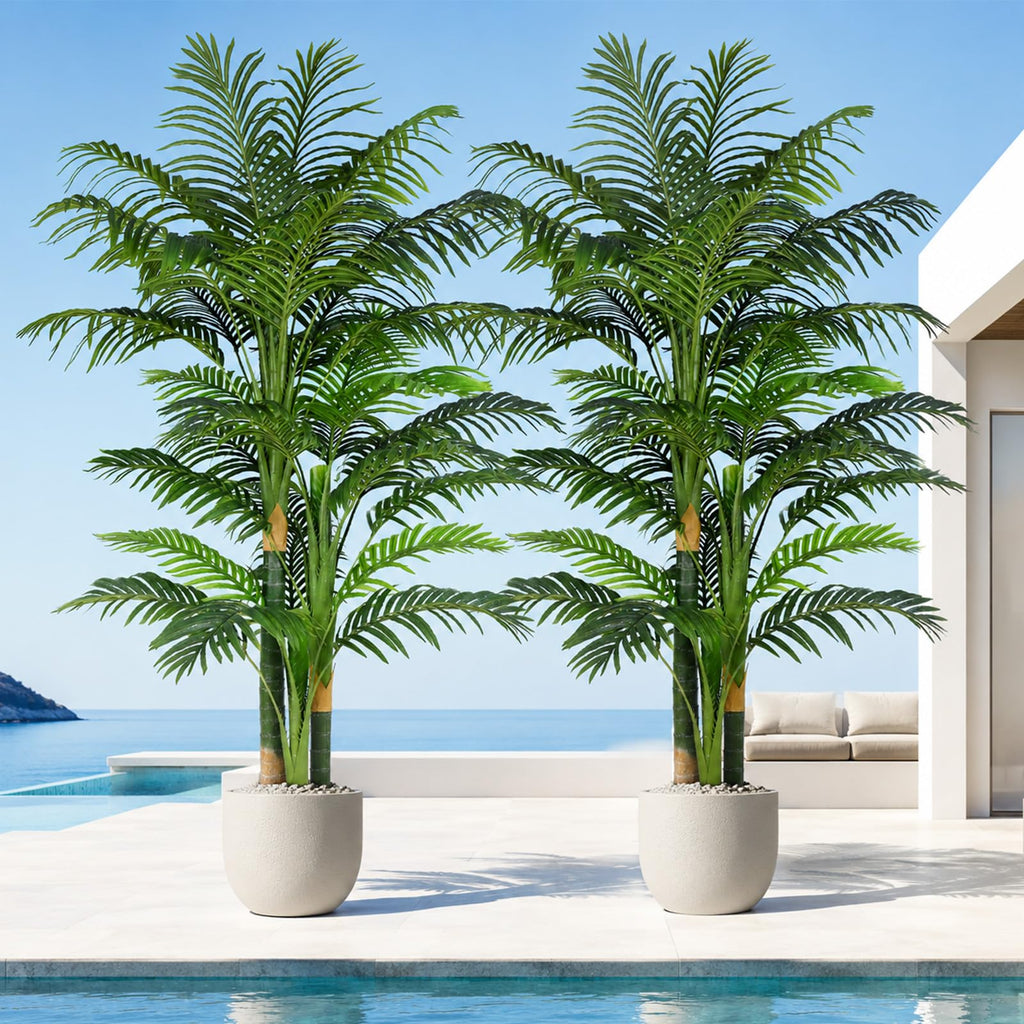 7FT Artificial Palm Tree - Tropical Faux Golden Cane Palm Tree UV Resistant Tall Fake Plant Indoor with Black Pot