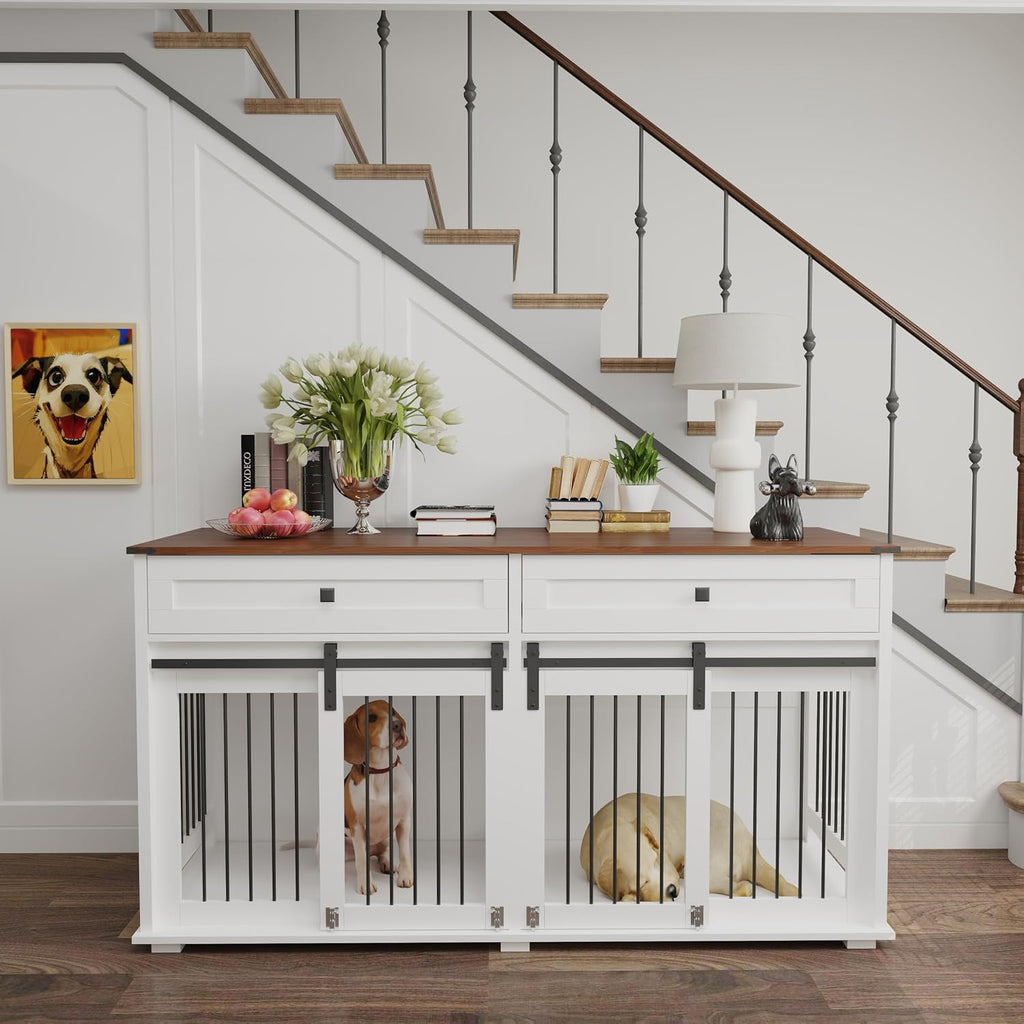 63" Large Dog Crate Furniture Double Dog Kennel with 2 Drawers
