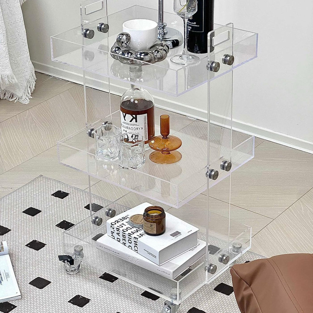Clear Acrylic Side Table with Wheels, 3 Tier Acrylic End Table Side Table Rolling Serving Cart Snack Table Easy