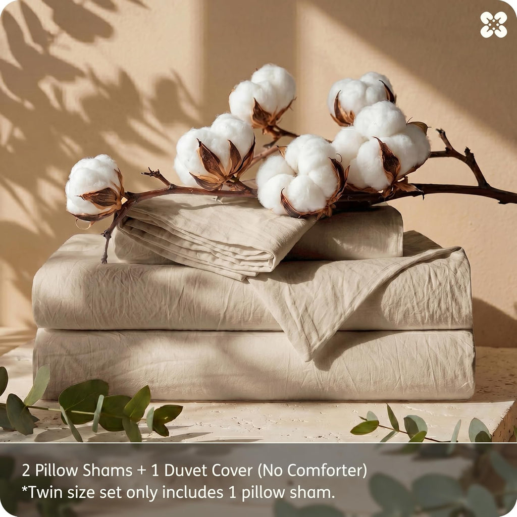100% Washed Cotton Duvet Cover Queen - Frosted Almond Minimalist Bedding Set Linen Like - PureWoven Plain Simple &