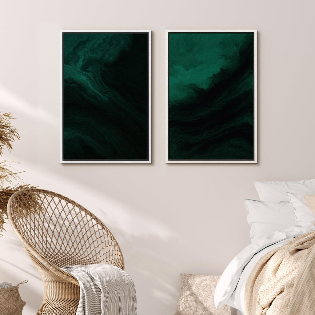 Framed Canvas Print Wall Art Set Deep Emerald Abstract Dark Green Marble Effect Illustrations Modern Art Decorative