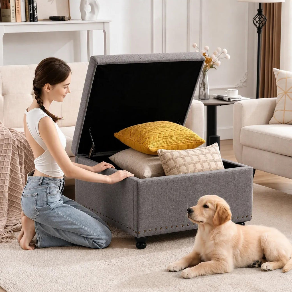 30 Inch Large Square Ottoman with Storage, Coffee Table, Dark Gray