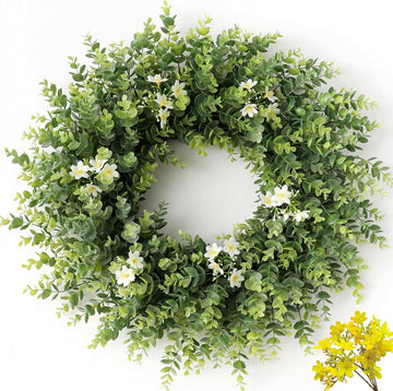 24" Large Eucalyptus Wreath for Front Door - All Season Artificial Greenery Wreath with White & Yellow Blossoms