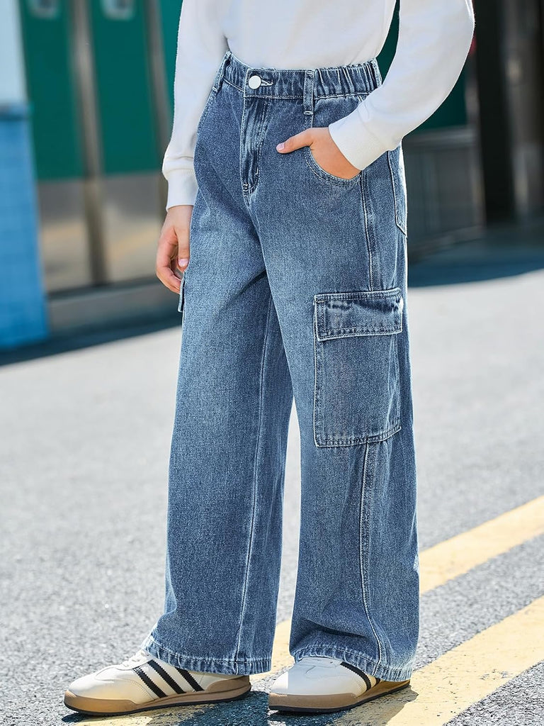 Boys Cargo Jeans Kids Baggy Elastic Waist Wide Leg Denim Pants with Pockets