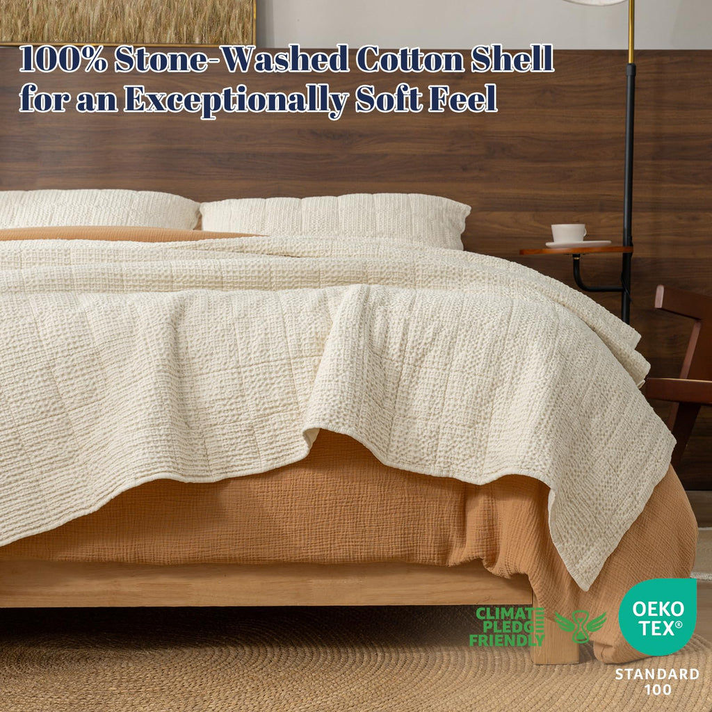 Enzyme-Washed Waffle Quilt Set (106"x90") - 100% Cotton Cover, 3PCS Soft Lightweight Square Quilted Bedspread