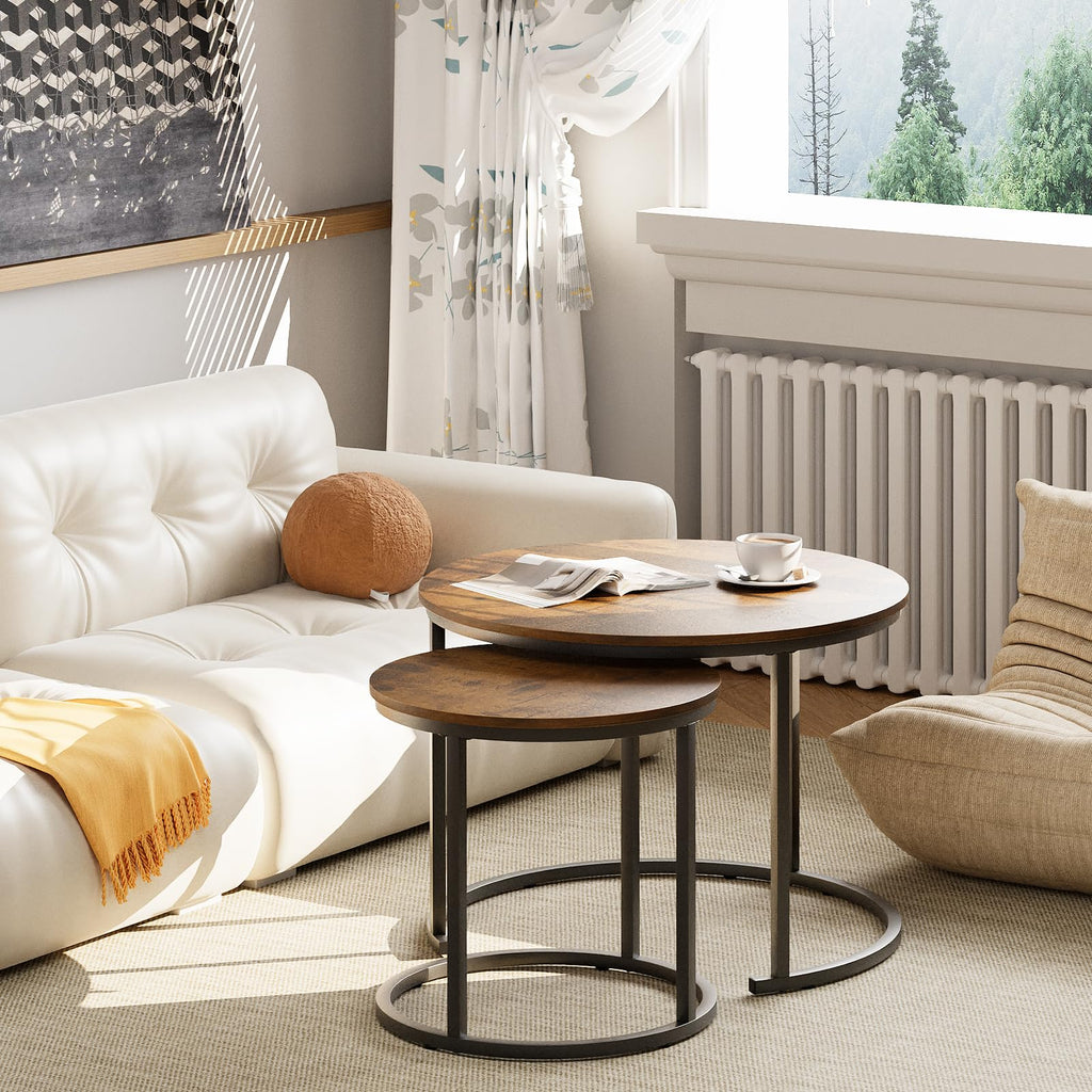 Coffee Nesting Round Set of 2 Side with Sturdy Metal Frame Bedroom Apartment Modern Industrial Simple