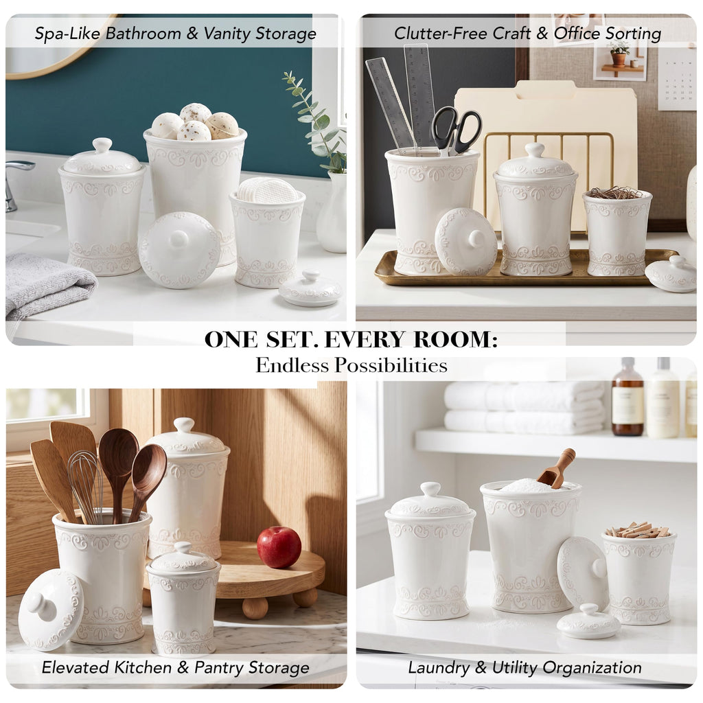 Ceramic Kitchen Canister Set Bianca Scroll White, 3 PC