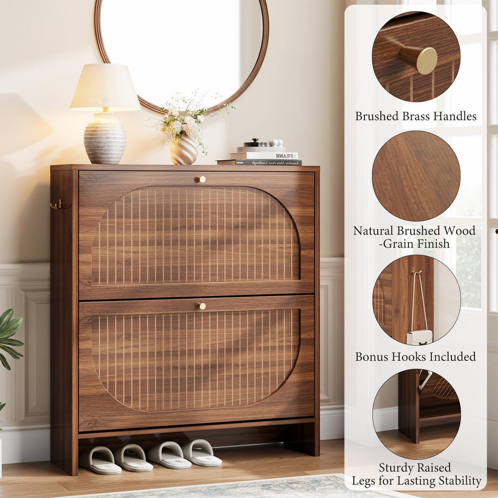 Arch-Chic Shoe Cabinet, Modern Mid-Century Shoe Storage Cabinet with Fluted, Narrow Shoe Rack with Adjustable
