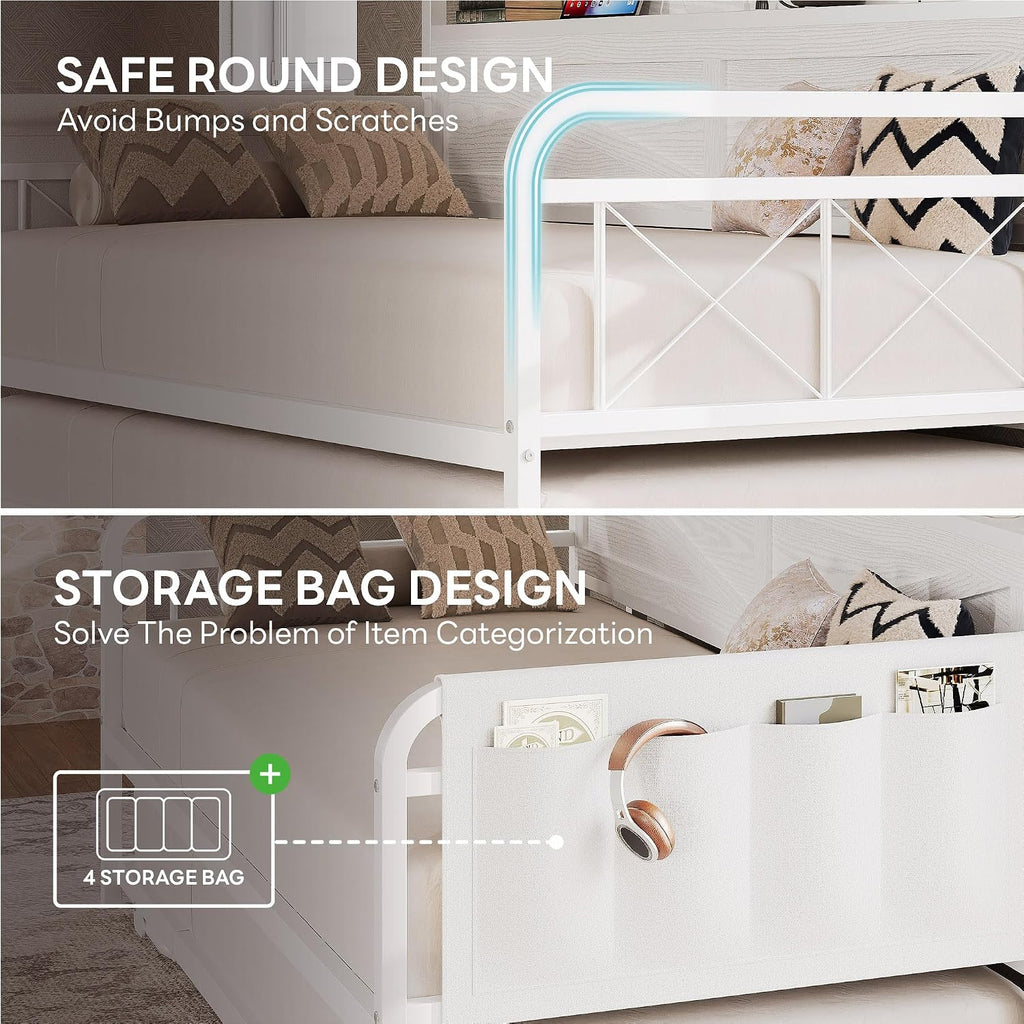 Twin Daybed with Pop Up Trundle & Charging Station & Storage Shelf | Pop Up Trundle with Smooth Wheels, Strong