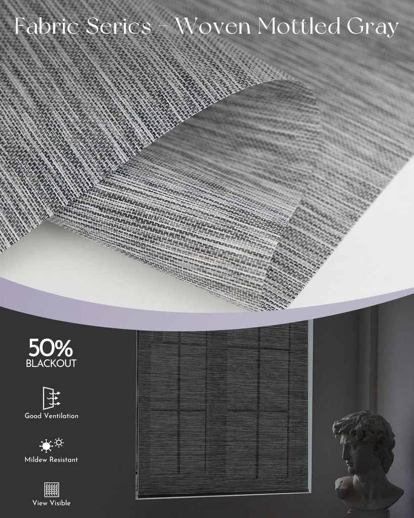 Motorized Natural Woven Roller Shades Half-Shading Compatible with Alexa Google Rechargeable Cordless Remote Control