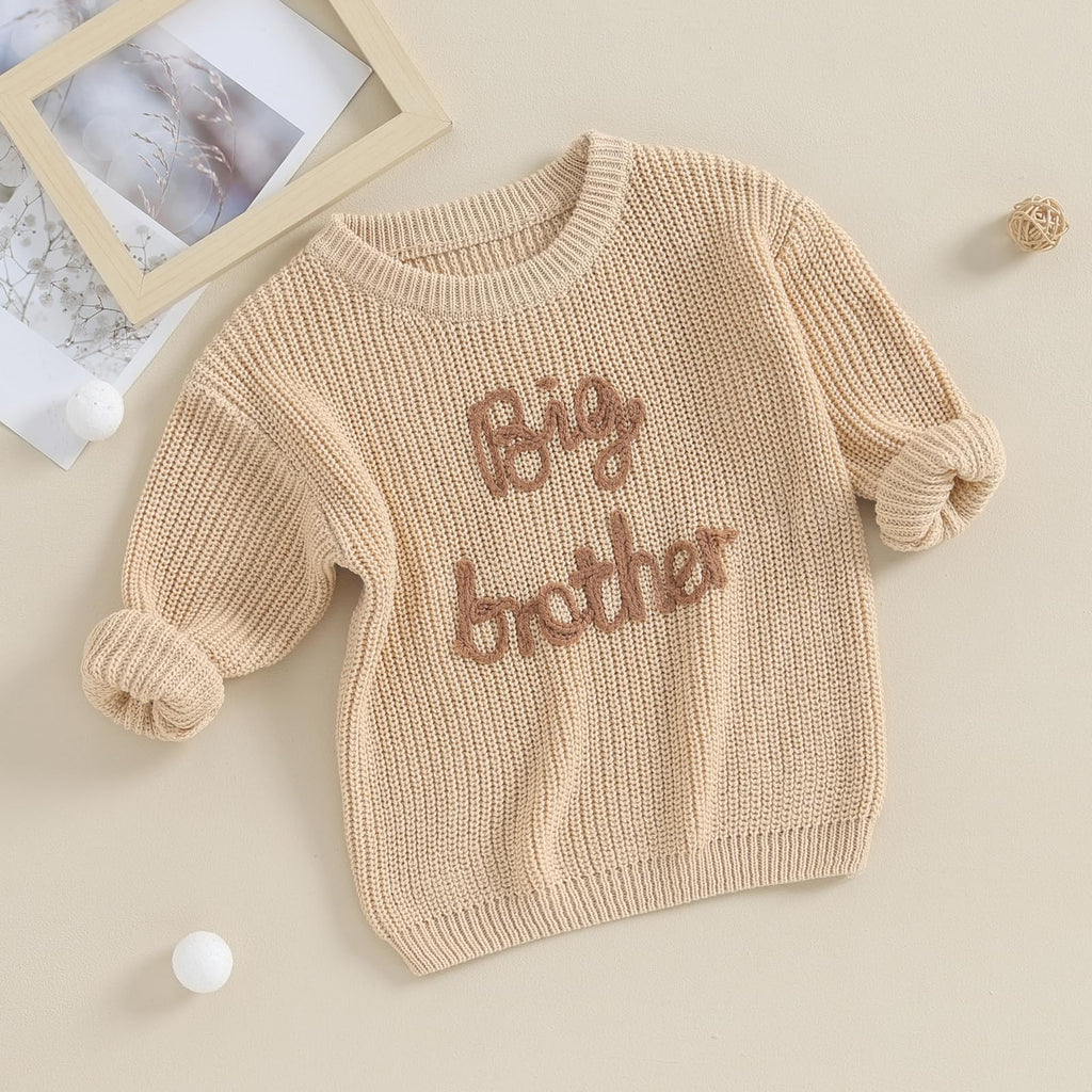 Big Brother Little Brother Matching Outfits Letter Embroidery Knit Sweater Shirt Baby Boy Winter Warm Clothes (Khaki
