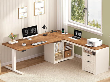 66 inch Farmhouse L Shaped Standing Desk with Storage | Corner Electric Standing Desk with Drawers & Storage Shelves