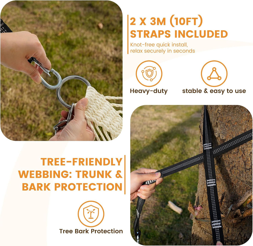 13-FT Polyester Rope Hammock, Double 2 Person Traditional Hand Woven Outdoor Hammock with Spreader Bar, Carabiners