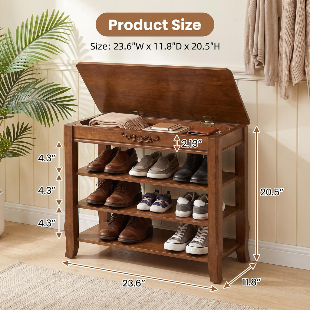 Shoe Rack Bench with Lift-Top Storage, 3-Tier Shoe Storage Bench with Wooden Seat, 550lbs Heavy Duty Entryway Bench