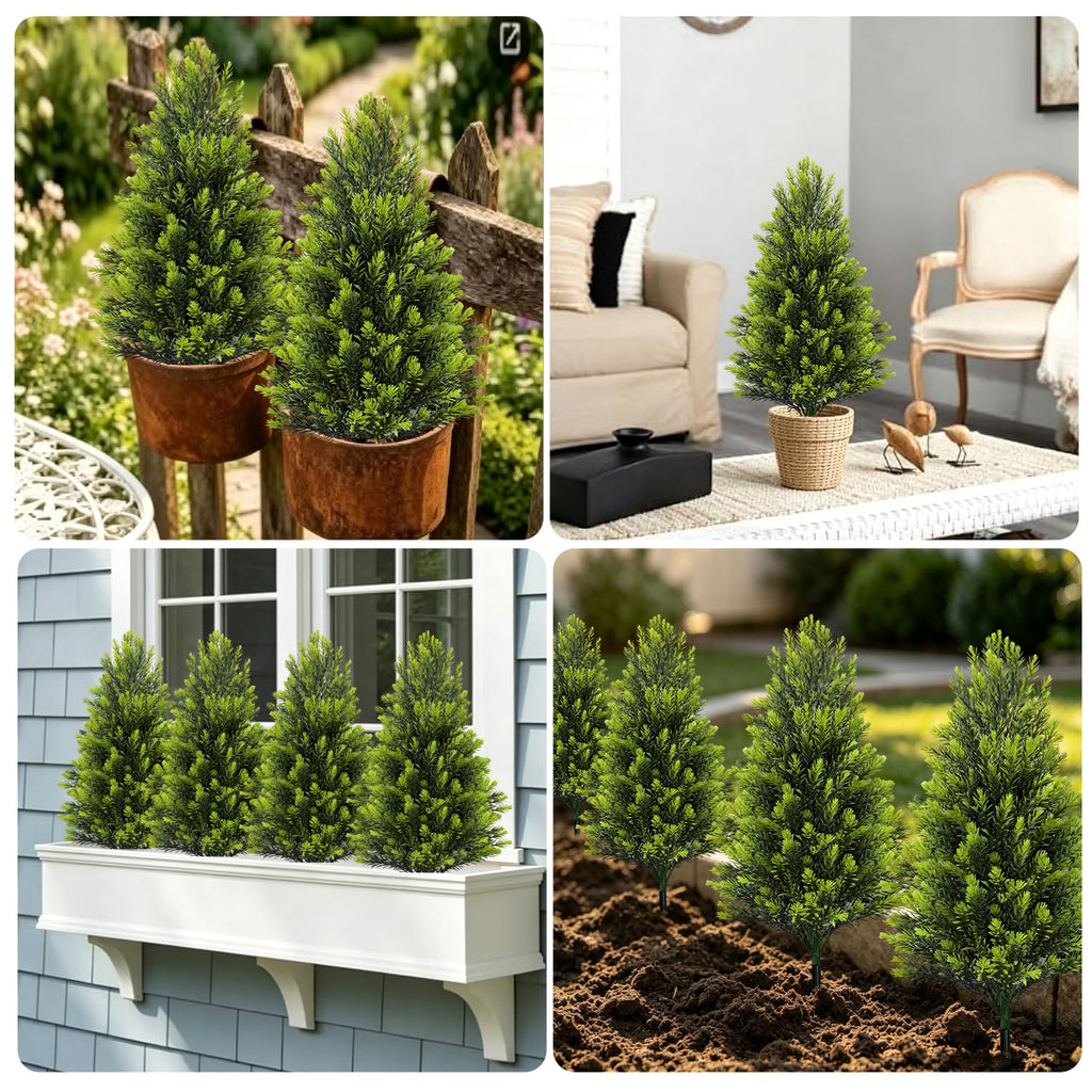 4Pack Artificial Cedar Topiary Trees Outdoor with Spike, 20" UV Resistant Fake Shrubs Bushes with Stake, Outdoor Faux
