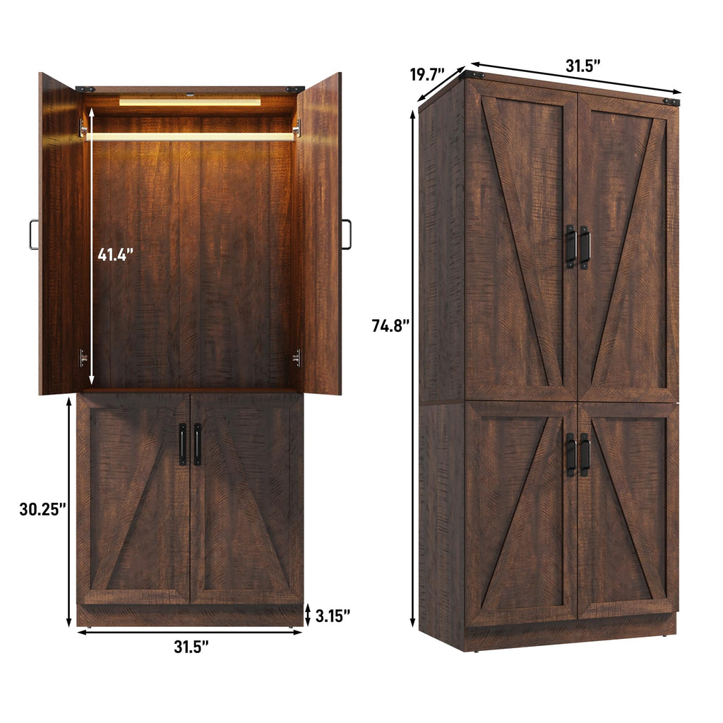75" Tall Farmhouse 2 Doors Armoire Wardrobe Closet with LED, Freestanding Closet Wardrobe Cabinet with Hanging
