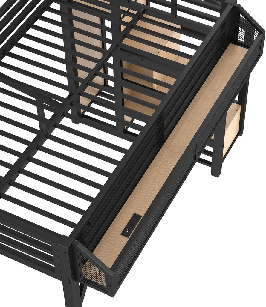Twin XL Size Loft Bed with Stairs and Wardrobe,Heavy Duty Metal Loft Bed Frame with Shelves,LED Lights and Charging