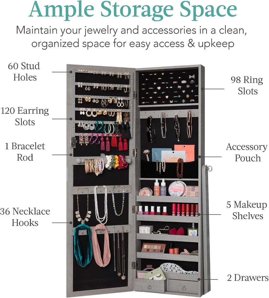 Freestanding Jewelry Armoire Cabinet, Full Length Standing Mirror, Lockable Makeup Storage Organizer, w/Velvet