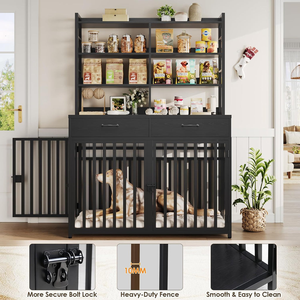 Large Dog Crate Furniture with 4-Tier Shelves and 2 Storage Drawers, Heavy Duty Dog Cage Furniture
