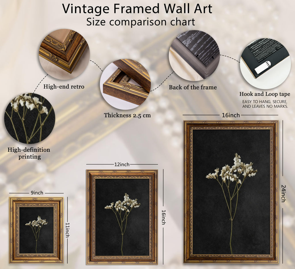 Vintage Gold Framed Wall Art, Minimalist White Dried Stem Flower Art, Dark Tone Botanical Print, Farmhouse, Ready to