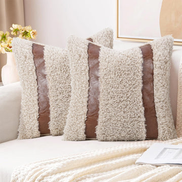 Faux Fur and Leather Sherpa Throw Pillow Covers 18x18Inch Set of 2 Beige