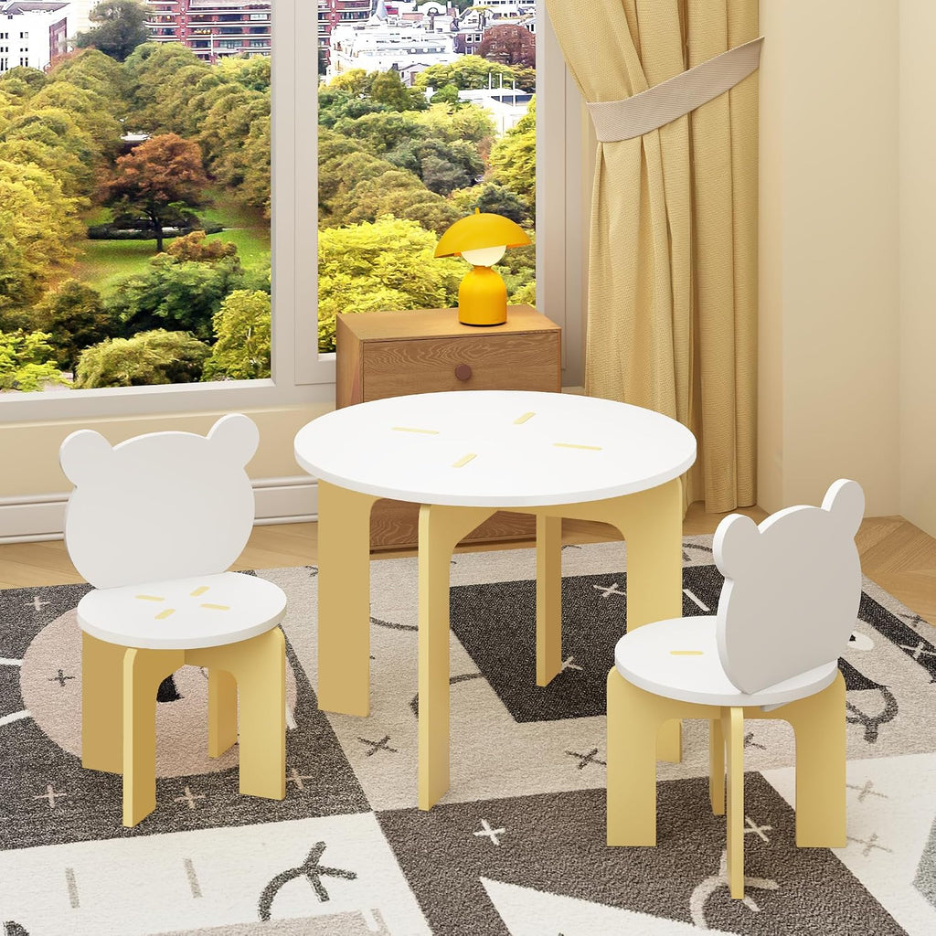Piece Kids Table and Chair Set, Modern Wooden Toddler Table and 2 Cute Bear-Back Chairs, Round Activity Table Set