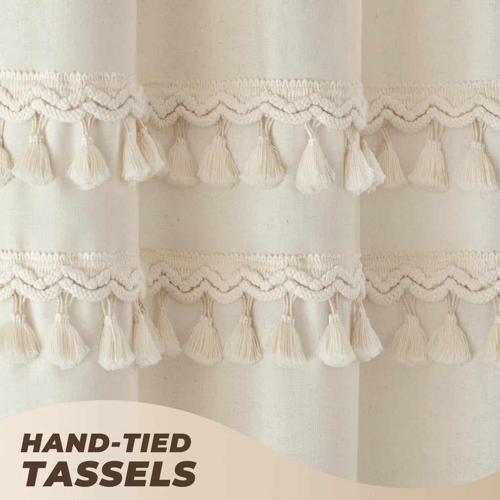 Linen Shower Curtain Boho Beige Shower Curtain with 3 Tassels 72"W x 72"L