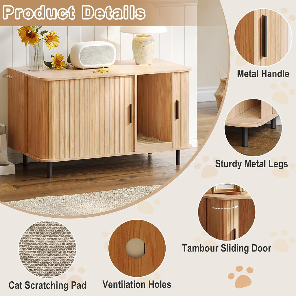 37.4" Cat Litter Box Enclosure with Cat Scratch Pad, Tambour Sliding Door, Modern Hidden Litter Box Enclosure