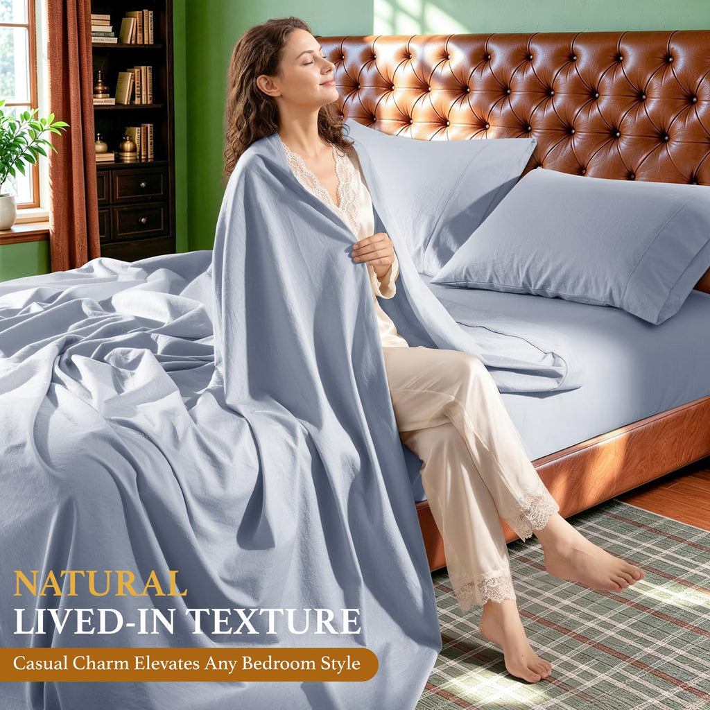 100% Washed Cotton Sheets Set, Linen-Like Feel Sheets