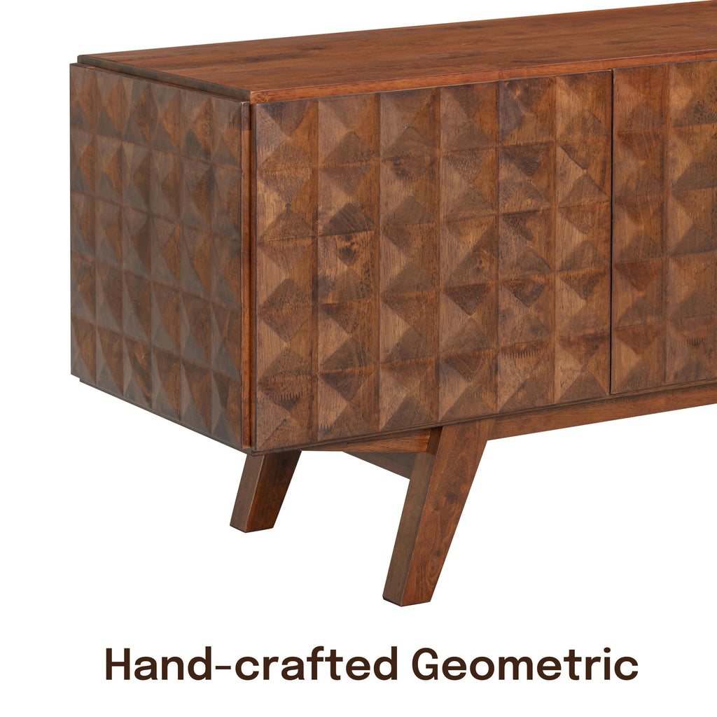 Sapa Mid-Century Modern Solid Wood TV Stand 4-Door Media Console with Carved Geometric Fronts for TVs up to 75"