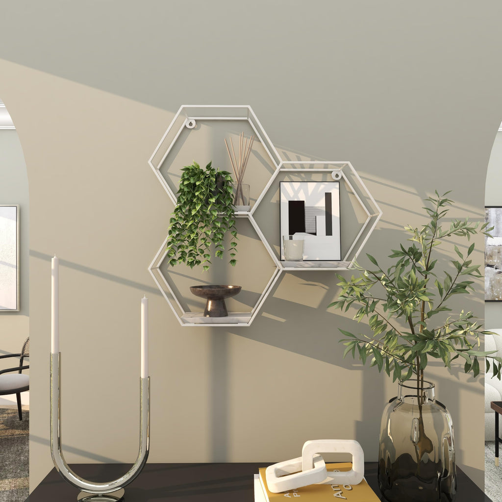 Metal Geometric Wall Shelf Hexagon with 3 Marble Shelves, 26" x 5" x 24", Silver