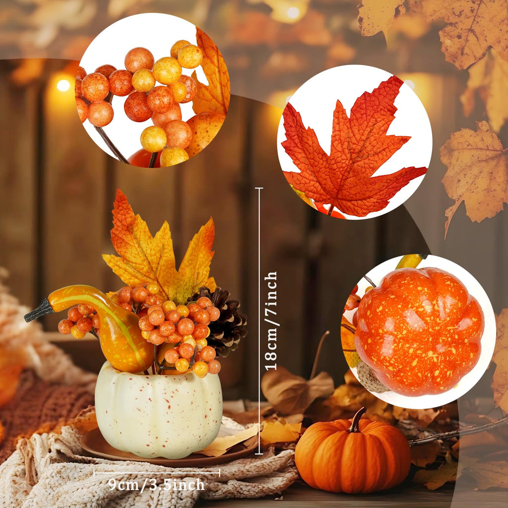 Set of 6 Artificial Pumpkins Decorations, Decorative Orange Pumpkin with Maple Berry Acorn Pine Cone Vegetables for