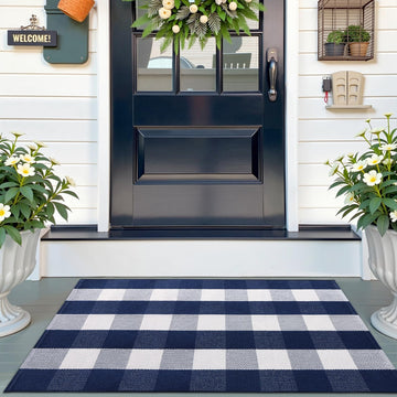 Fall Door Mat, Buffalo Plaid Rug, Navy White Checkered, 2'4" x 3'7"
