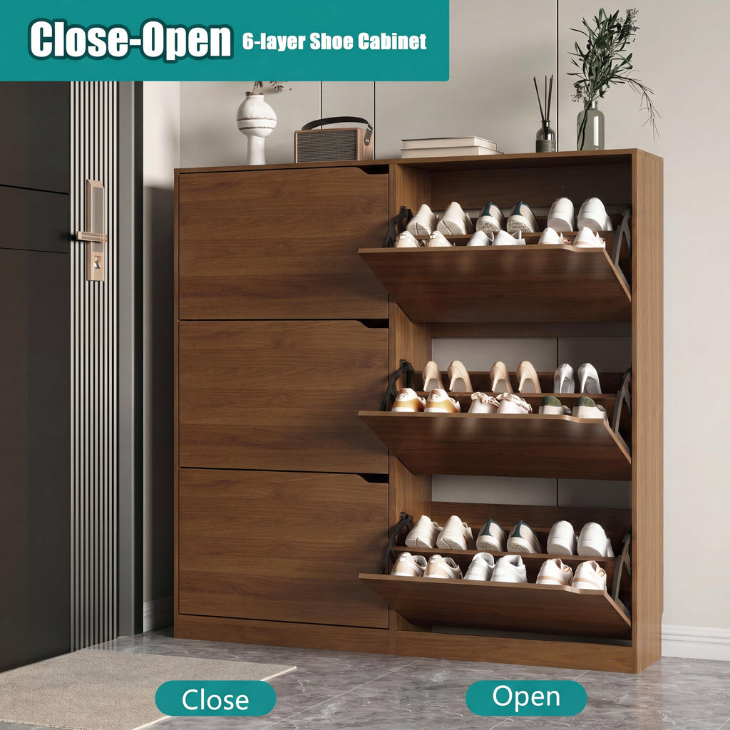 Shoe Storage Cabinet with 6 Flip Drawers, Sturdy Wood Hidden Shoe Storage, Freestanding Narrow Slim Shoe Organizer