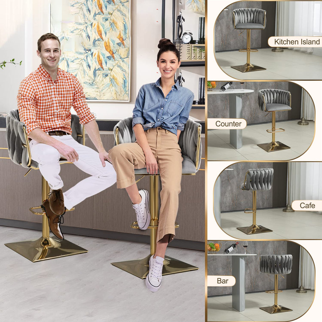 Swivel Velvet Bar Stool Set of 2, Adjustable Comfy Counter Height Barstool, Modern Dining Chair with Woven Back