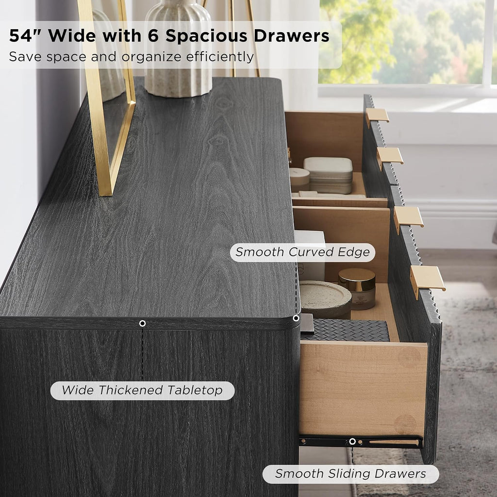 54" Wide Fluted 6 Drawer Dresser , Dark Walnut | Mid Century Modern, Curved Profile, Metal Handles, Anti-tip Kit